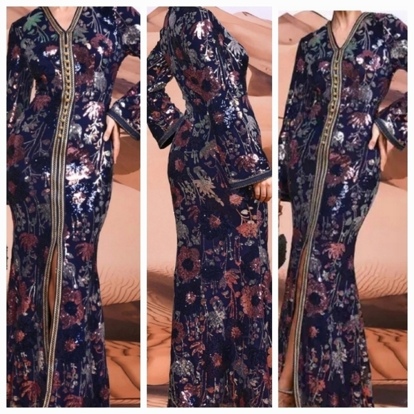 Navy, Floral, V Neck, Long Sleeve, Contrast Sequined Mermaid Gown - Picture 1 of 16